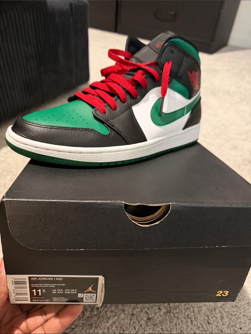 Jordan Mid-Top Sneakers in Green, Black, White with Red Laces - Picture 2 of 3